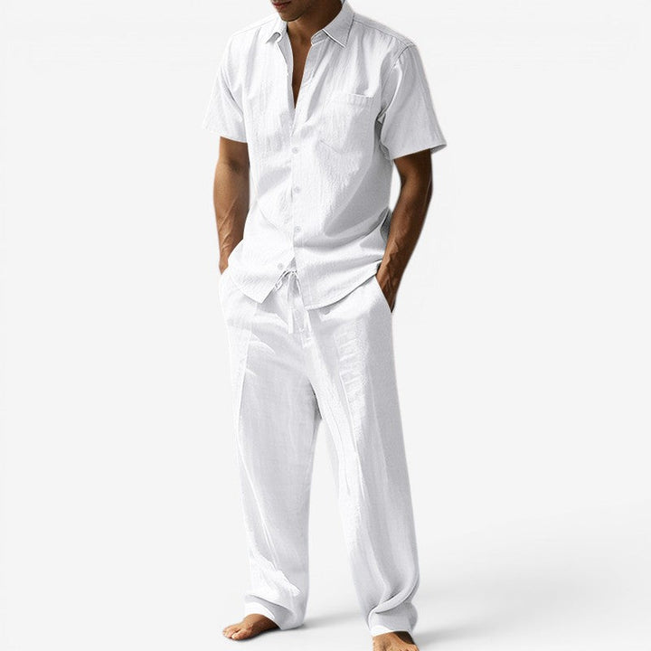 Men's Beach Linen-Look Set Short Sleeve Shirt and Drawstring Pants