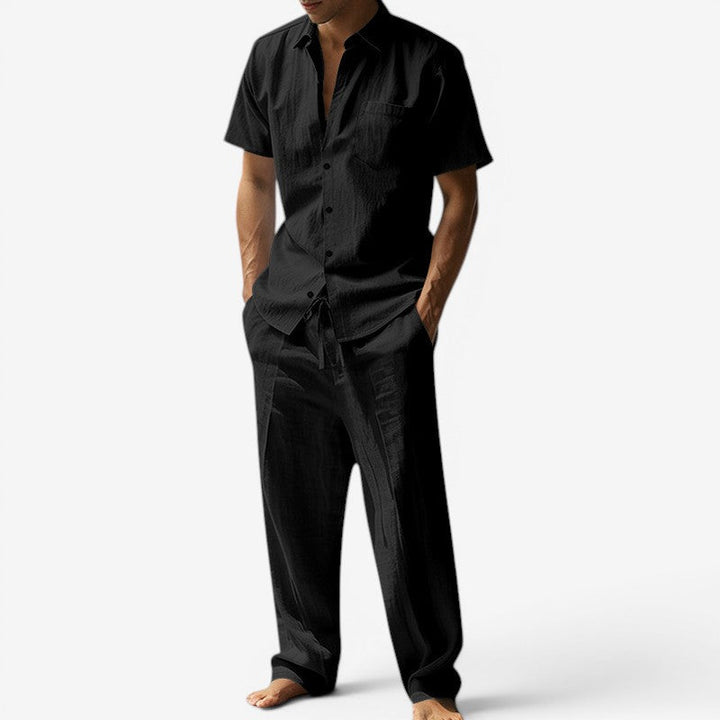 Men's Beach Linen-Look Set Short Sleeve Shirt and Drawstring Pants