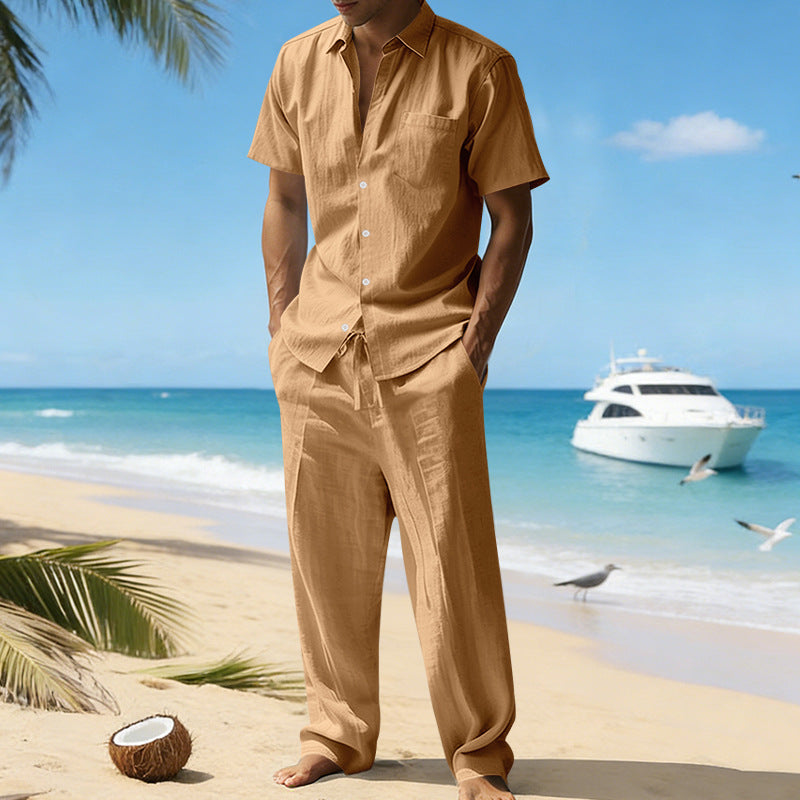 Men's Beach Linen-Look Set Short Sleeve Shirt and Drawstring Pants