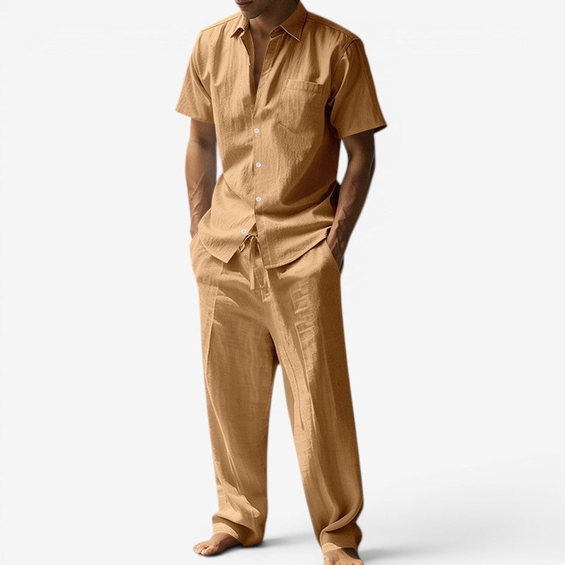 Men's Beach Linen-Look Set Short Sleeve Shirt and Drawstring Pants