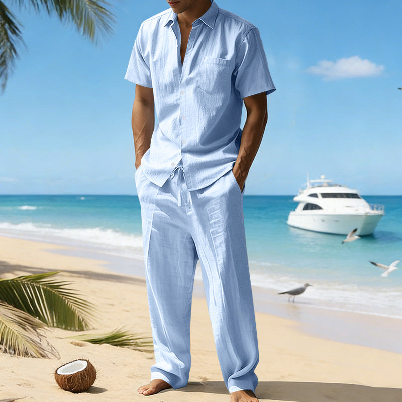 Men's Beach Linen-Look Set Short Sleeve Shirt and Drawstring Pants