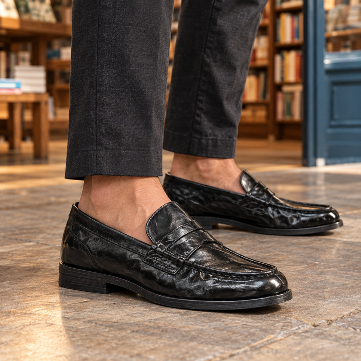 Men's Croc-Embossed Black Penny Loafers for Weddings