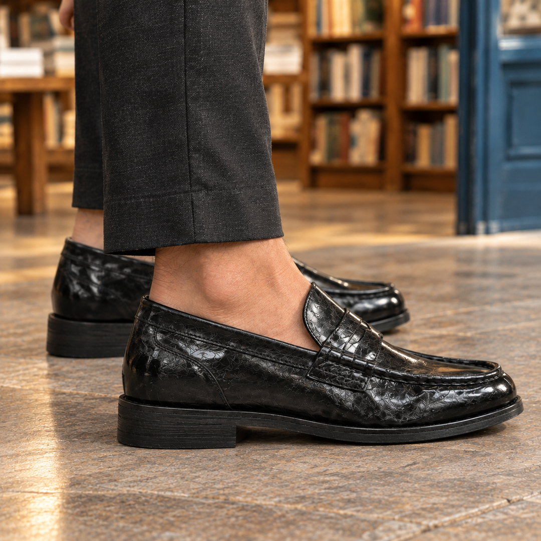 Men's Croc-Embossed Black Penny Loafers for Weddings