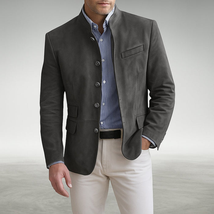 Men's Lightweight Mandarin Collar Blazer with Suede-Look Finish