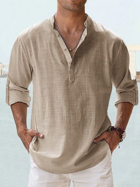 Men's Linen-Look Long Sleeve Beach Shirt with Band Collar
