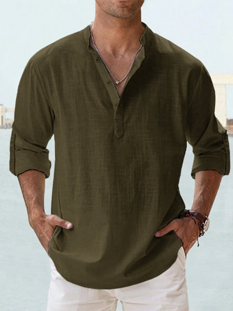 Men's Linen-Look Long Sleeve Beach Shirt with Band Collar