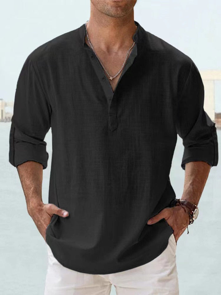Men's Linen-Look Long Sleeve Beach Shirt with Band Collar
