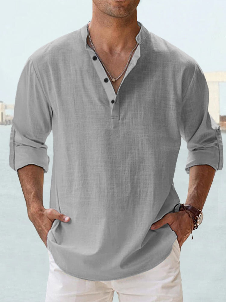 Men's Linen-Look Long Sleeve Beach Shirt with Band Collar