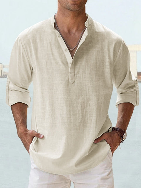 Men's Linen-Look Long Sleeve Beach Shirt with Band Collar