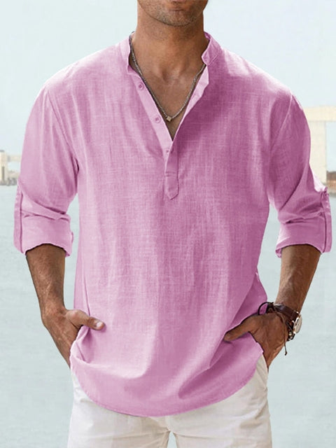 Men's Linen-Look Long Sleeve Beach Shirt with Band Collar
