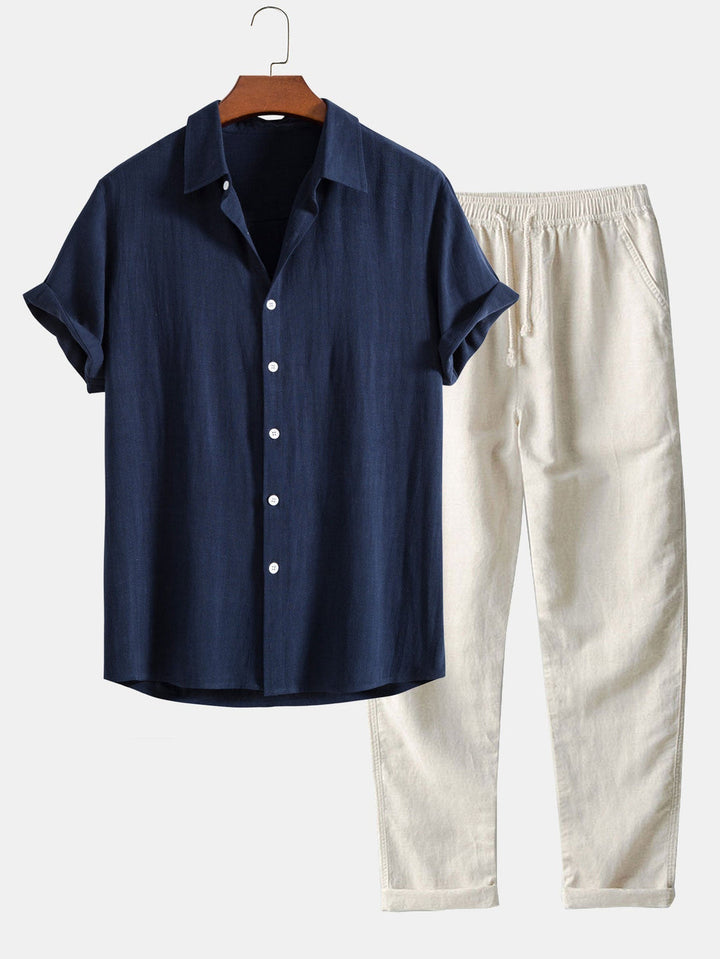 Men's Summer Short Sleeve Shirt and Linen-Look Pants Set