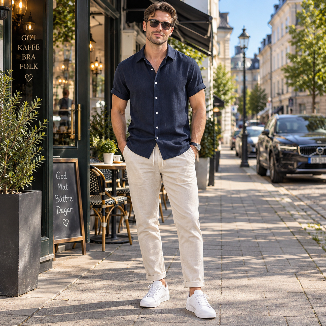 Men's Summer Short Sleeve Shirt and Linen-Look Pants Set