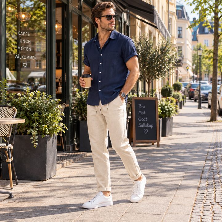 Men's Summer Short Sleeve Shirt and Linen-Look Pants Set