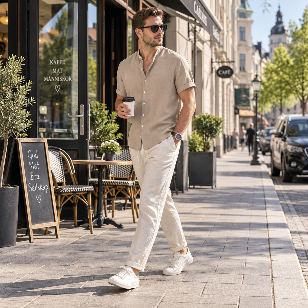 Men's Summer Short Sleeve Shirt and Linen-Look Pants Set