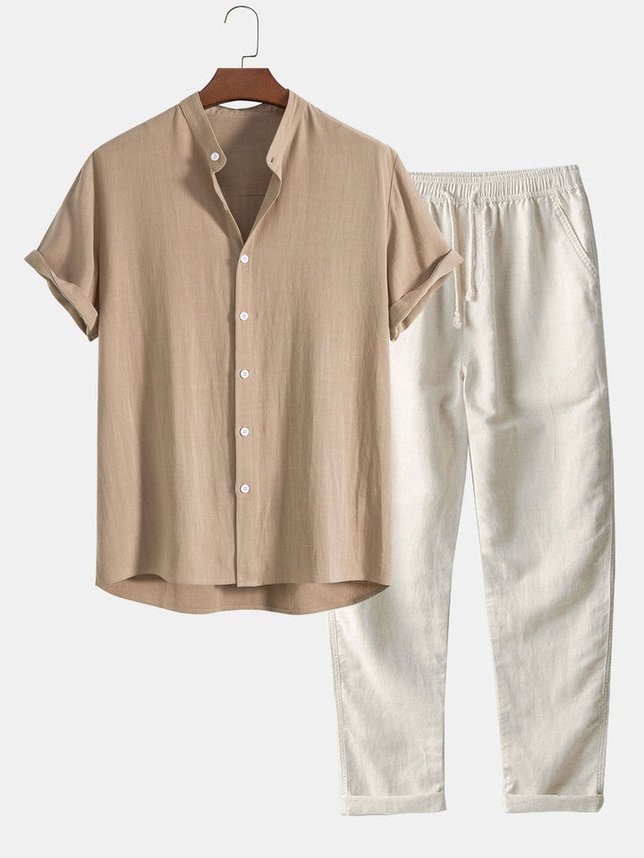 Men's Summer Short Sleeve Shirt and Linen-Look Pants Set