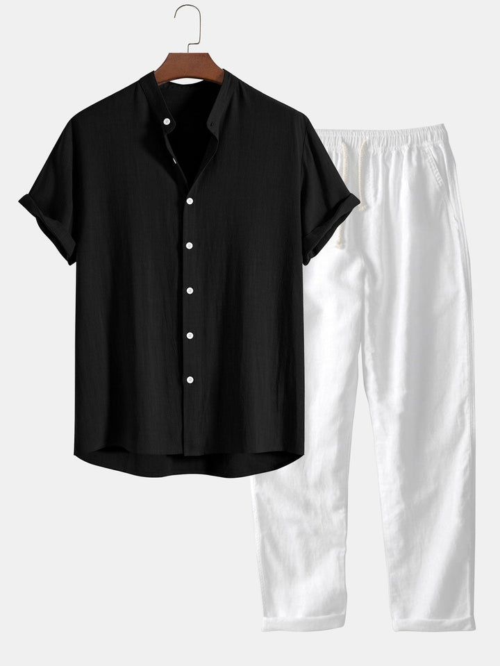 Men's Summer Short Sleeve Shirt and Linen-Look Pants Set