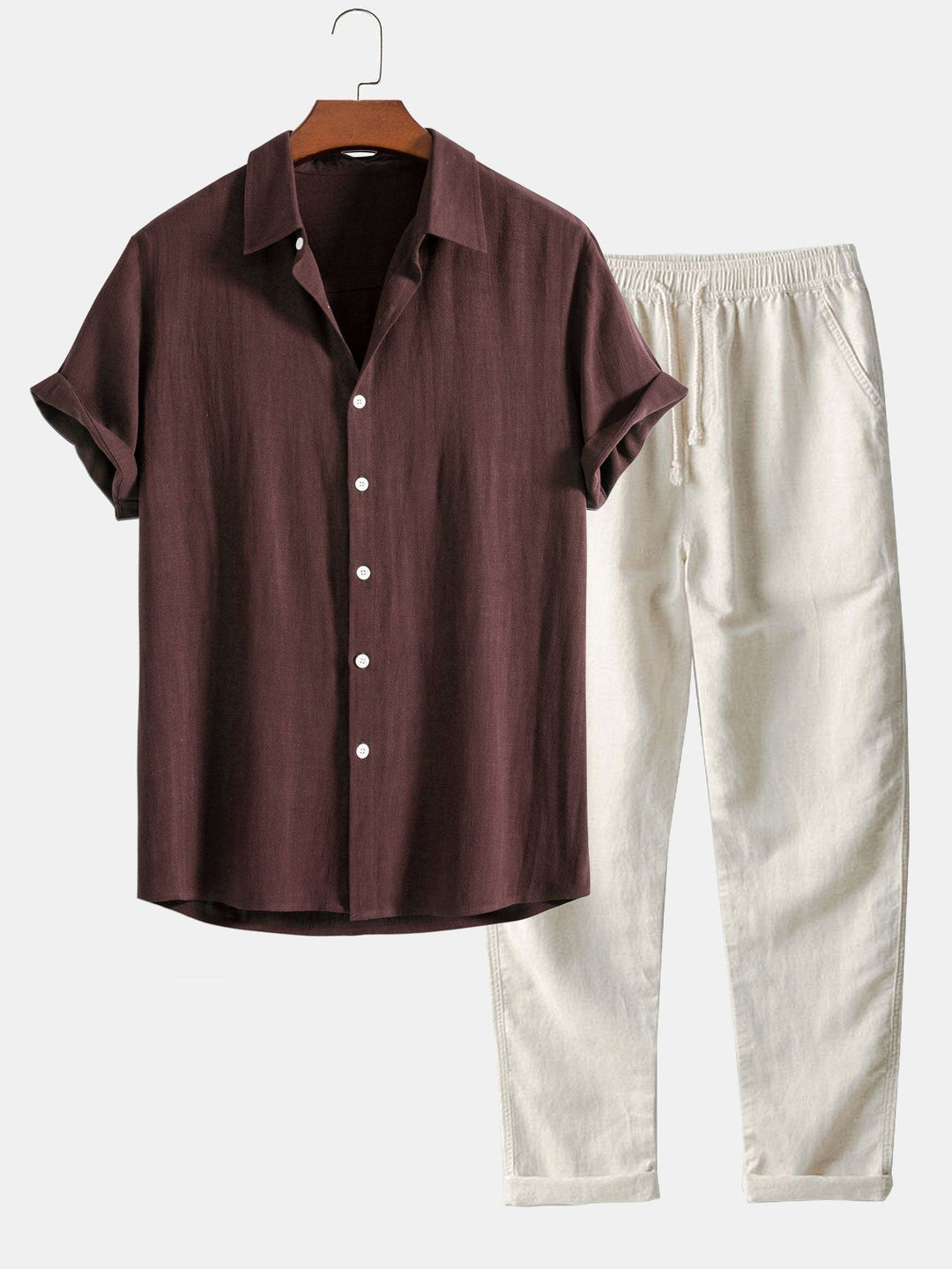 Men's Summer Short Sleeve Shirt and Linen-Look Pants Set