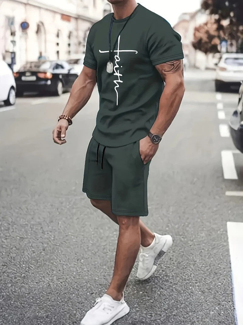 Men's Faith Print T-Shirt and Shorts Summer Set