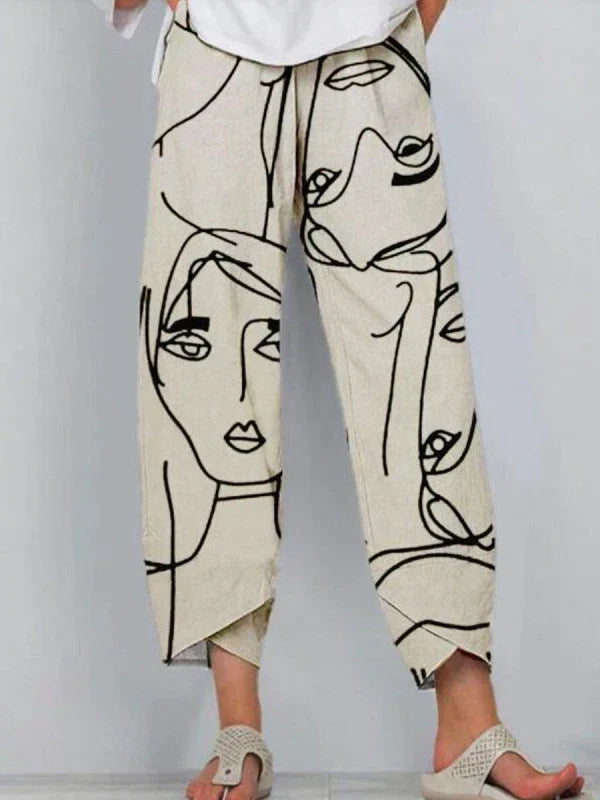 Women's Linen-Look Face Print Cropped Pants with Petal Hem
