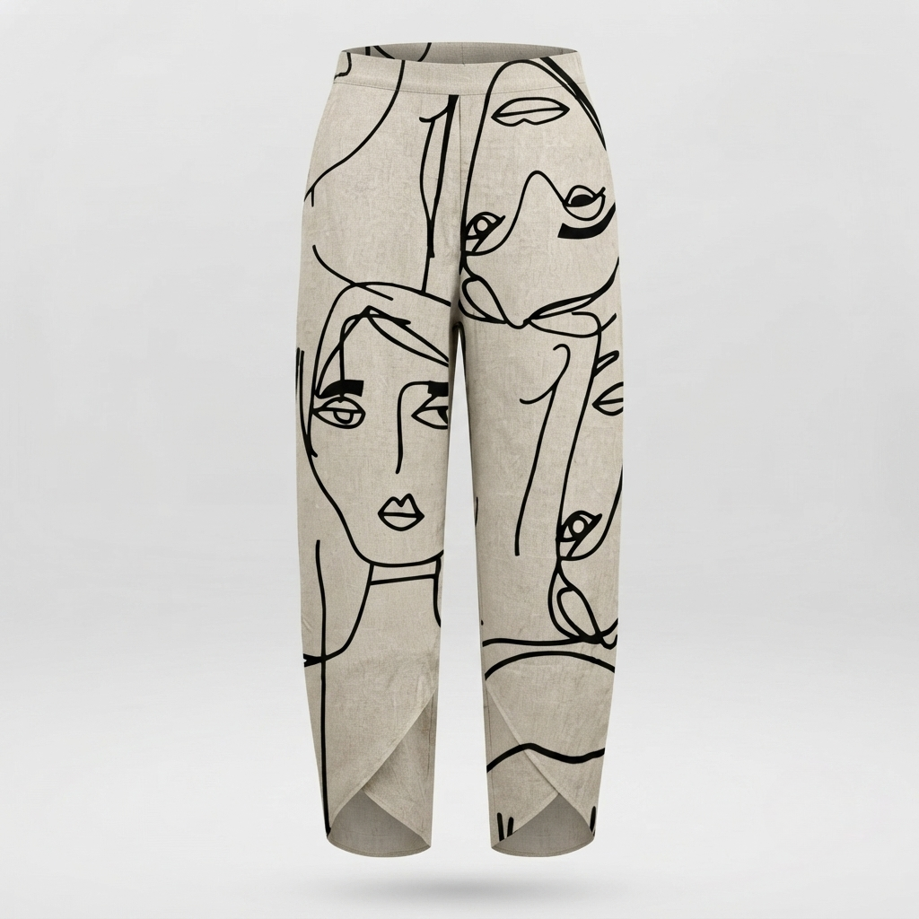 Women's Linen-Look Face Print Cropped Pants with Petal Hem