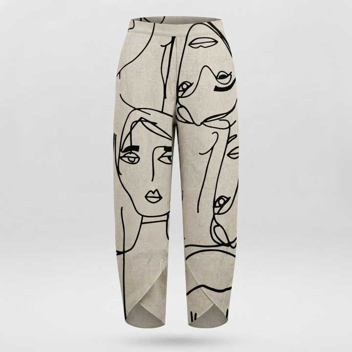 Women's Linen-Look Face Print Cropped Pants with Petal Hem