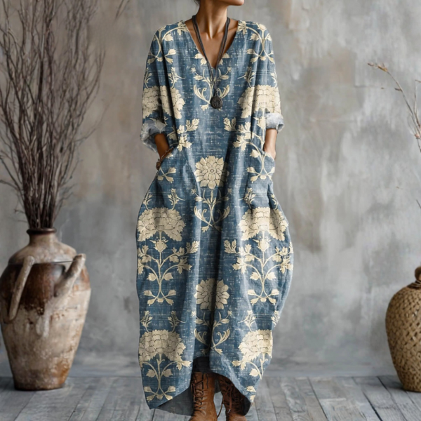 Women's Oversized Boho Print Holiday Maxi Dress in Blue