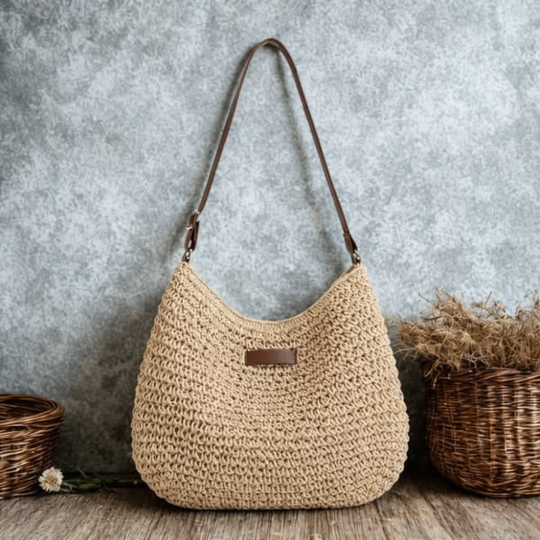 Women's Crochet Straw Beach Bag with Leather-Look Strap