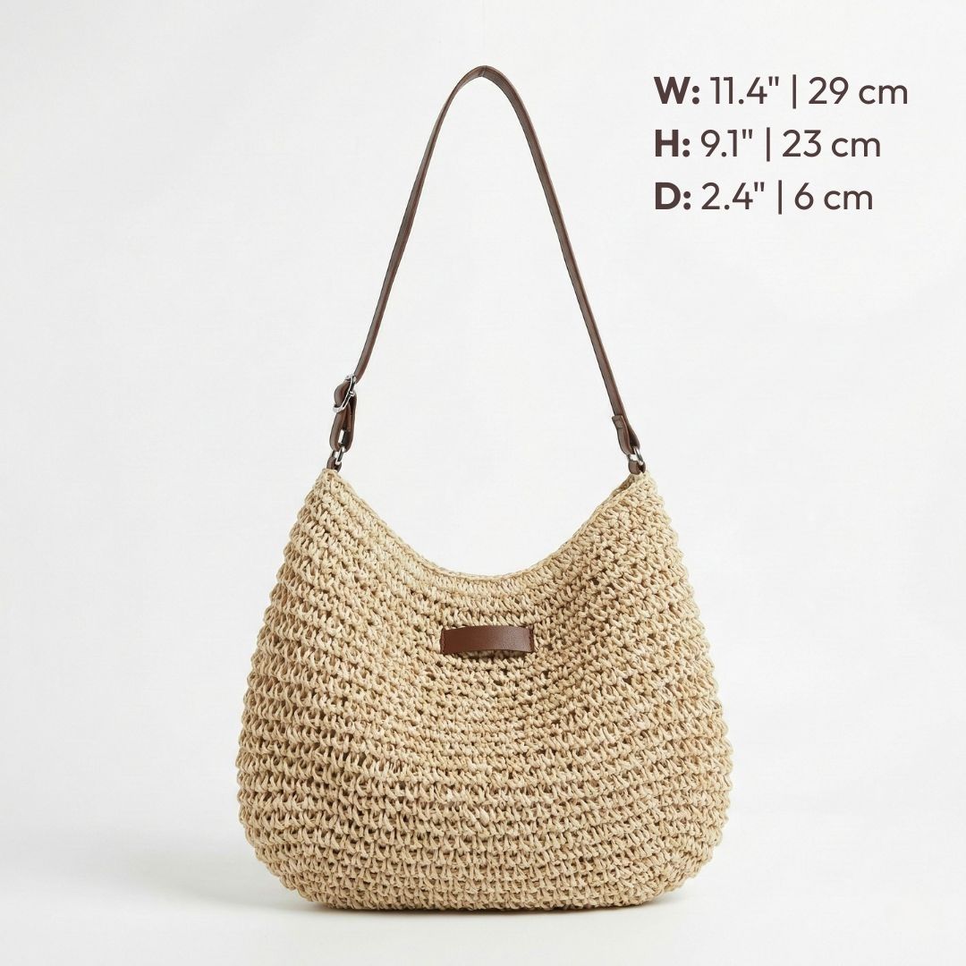 Women's Crochet Straw Beach Bag with Leather-Look Strap