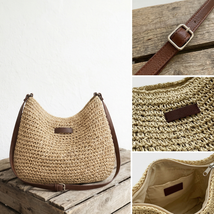 Women's Crochet Straw Beach Bag with Leather-Look Strap
