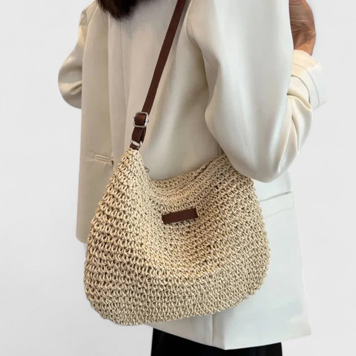 Women's Crochet Straw Beach Bag with Leather-Look Strap