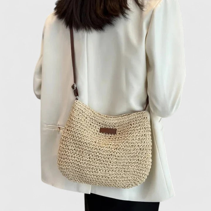 Women's Crochet Straw Beach Bag with Leather-Look Strap