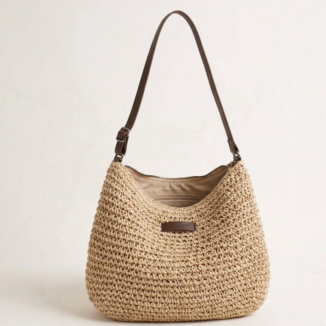 Women's Crochet Straw Beach Bag with Leather-Look Strap