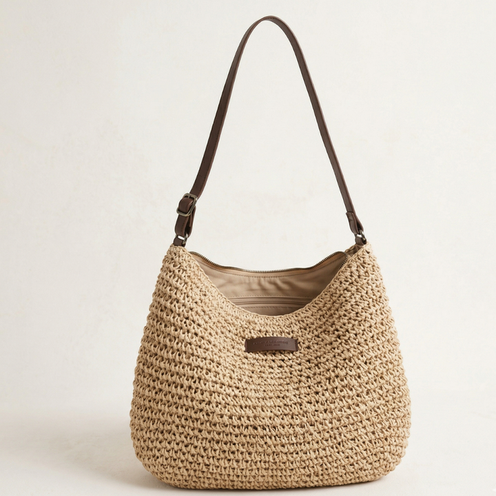 Women's Crochet Straw Beach Bag with Leather-Look Strap