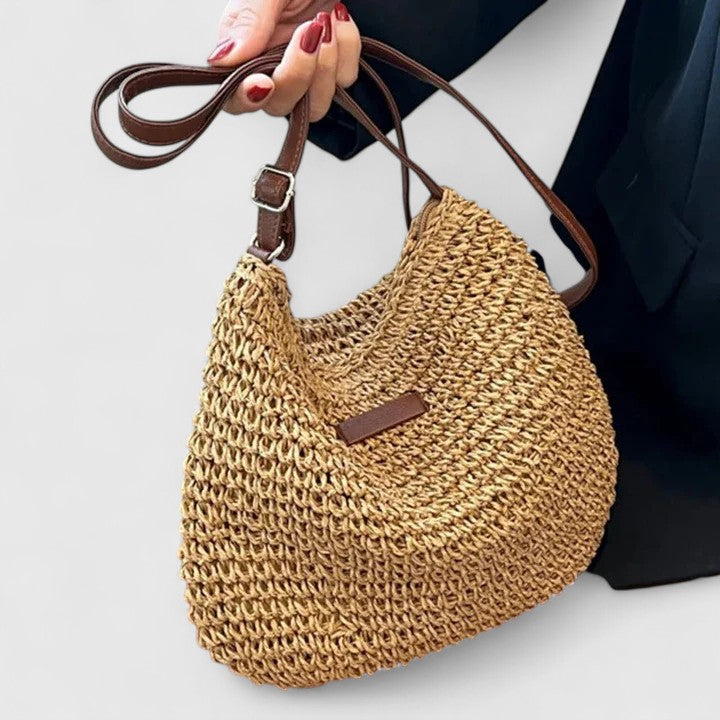 Women's Crochet Straw Beach Bag with Leather-Look Strap