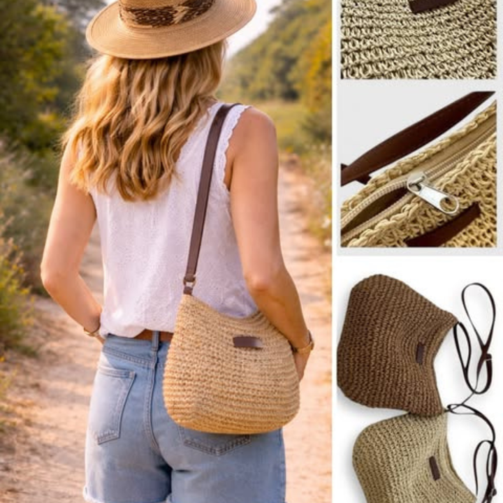 Women's Crochet Straw Beach Bag with Leather-Look Strap