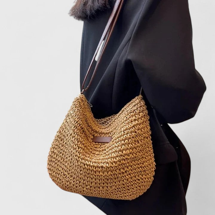 Women's Crochet Straw Beach Bag with Leather-Look Strap