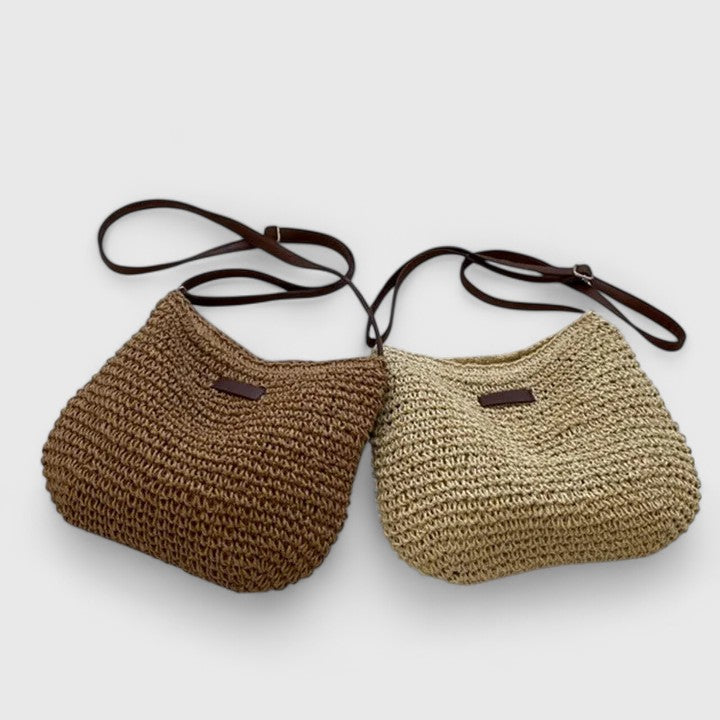 Women's Crochet Straw Beach Bag with Leather-Look Strap