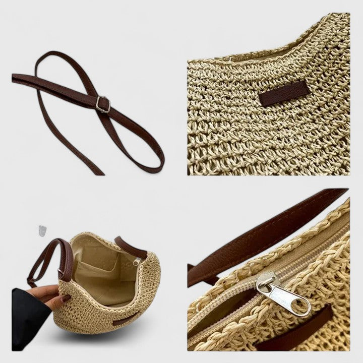 Women's Crochet Straw Beach Bag with Leather-Look Strap