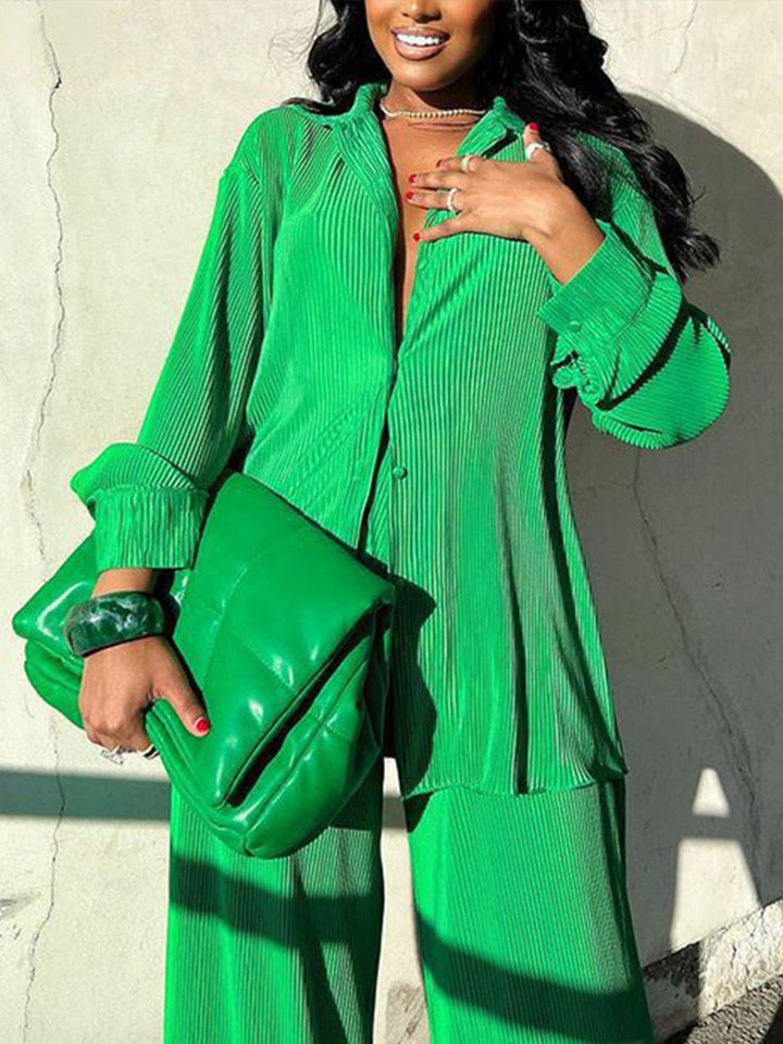 Women's Lightweight Plisse Blouse and Wide Leg Pants Set
