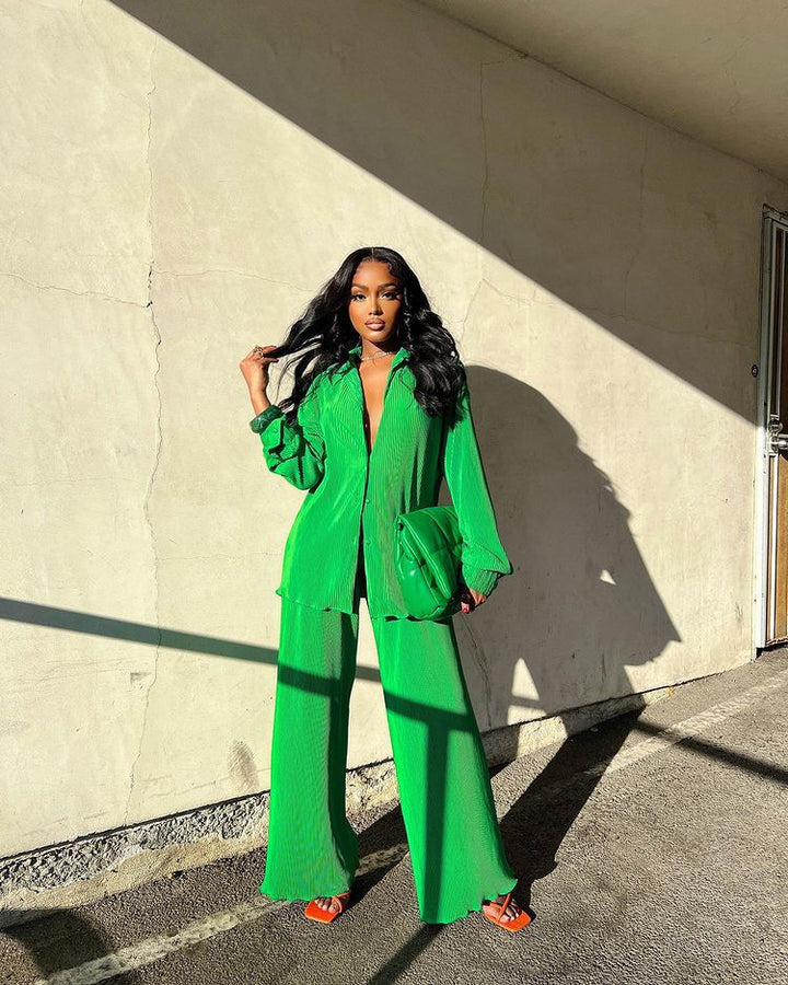 Women's Lightweight Plisse Blouse and Wide Leg Pants Set