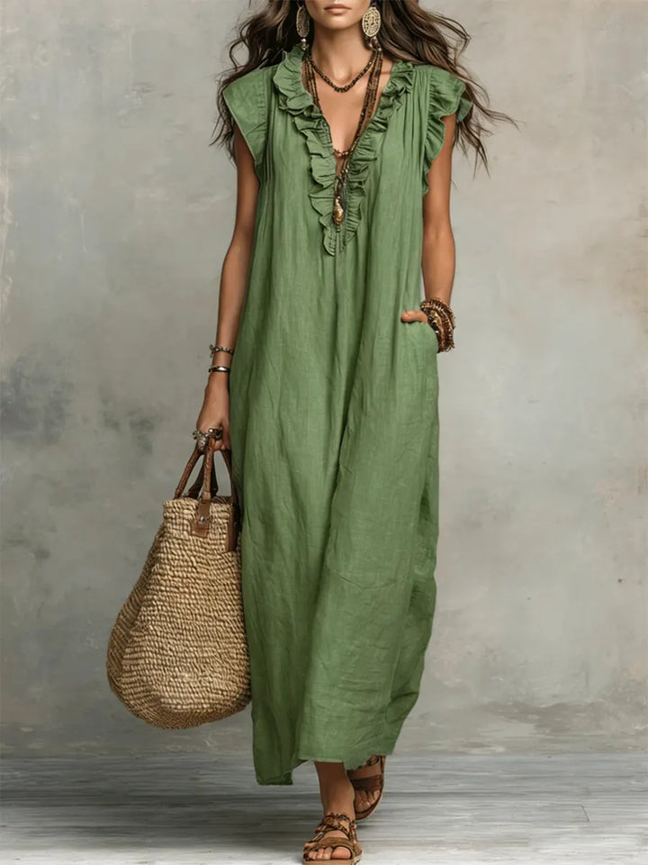 Women's Linen-Look Ruffle Maxi Dress with Lace-Up Neckline
