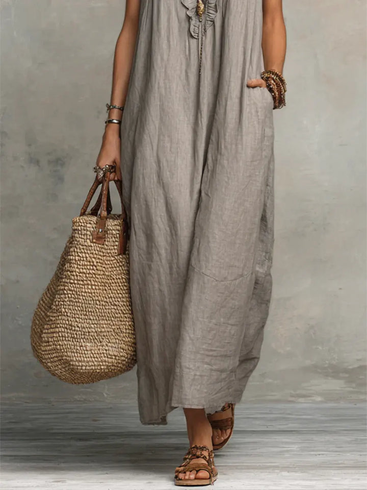 Women's Linen-Look Ruffle Maxi Dress with Lace-Up Neckline
