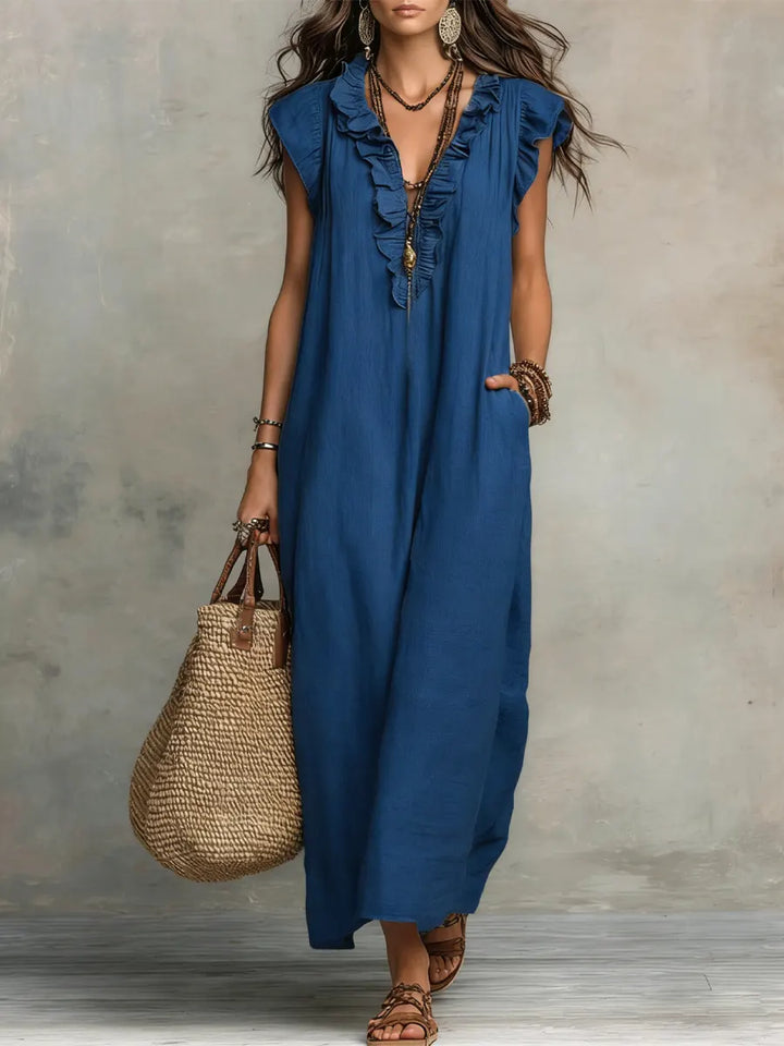 Women's Linen-Look Ruffle Maxi Dress with Lace-Up Neckline