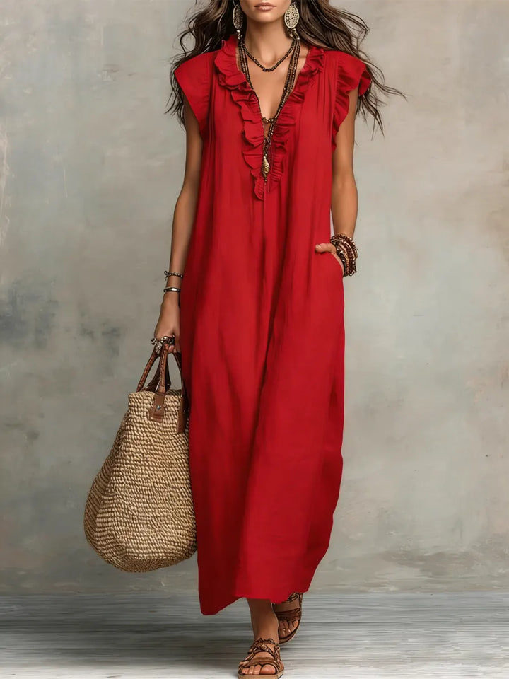 Women's Linen-Look Ruffle Maxi Dress with Lace-Up Neckline