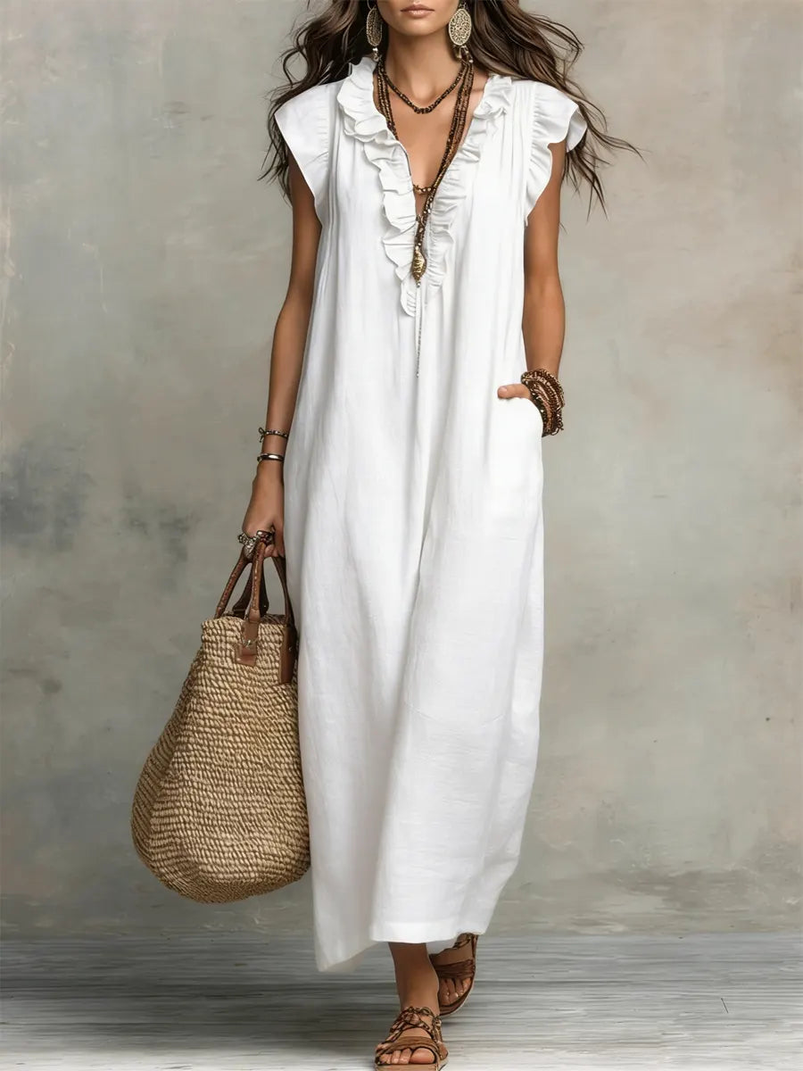 Women's Linen-Look Ruffle Maxi Dress with Lace-Up Neckline