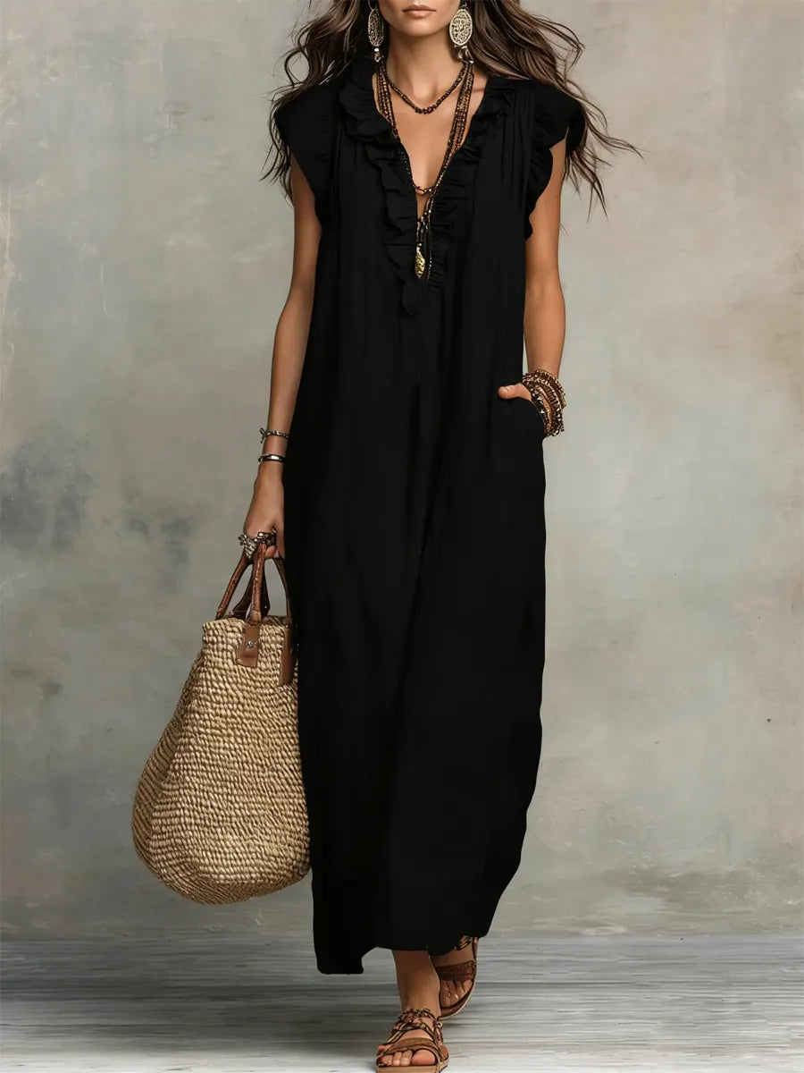 Women's Linen-Look Ruffle Maxi Dress with Lace-Up Neckline