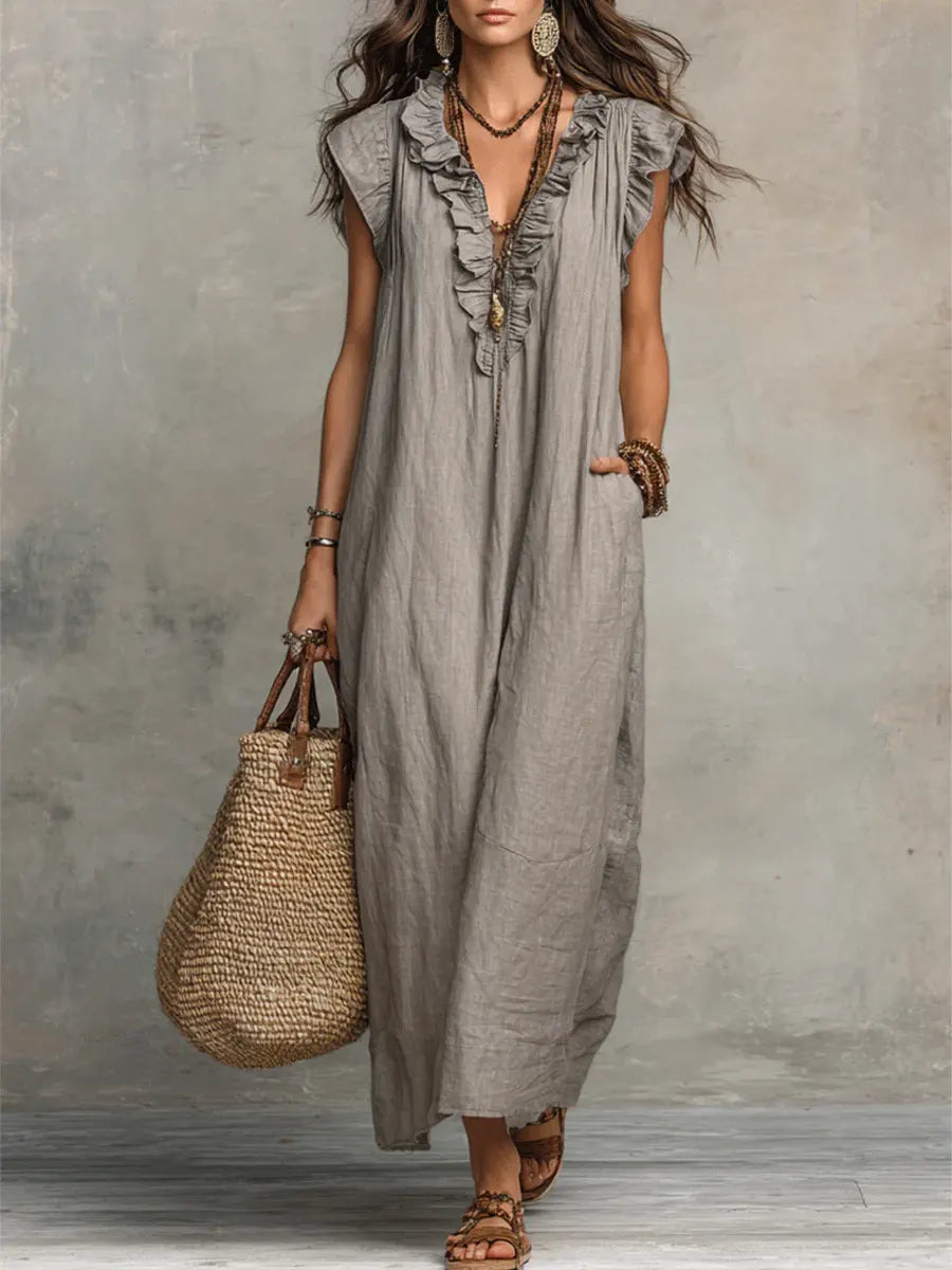 Women's Linen-Look Ruffle Maxi Dress with Lace-Up Neckline