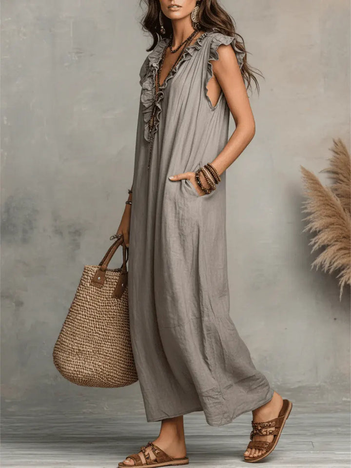 Women's Linen-Look Ruffle Maxi Dress with Lace-Up Neckline