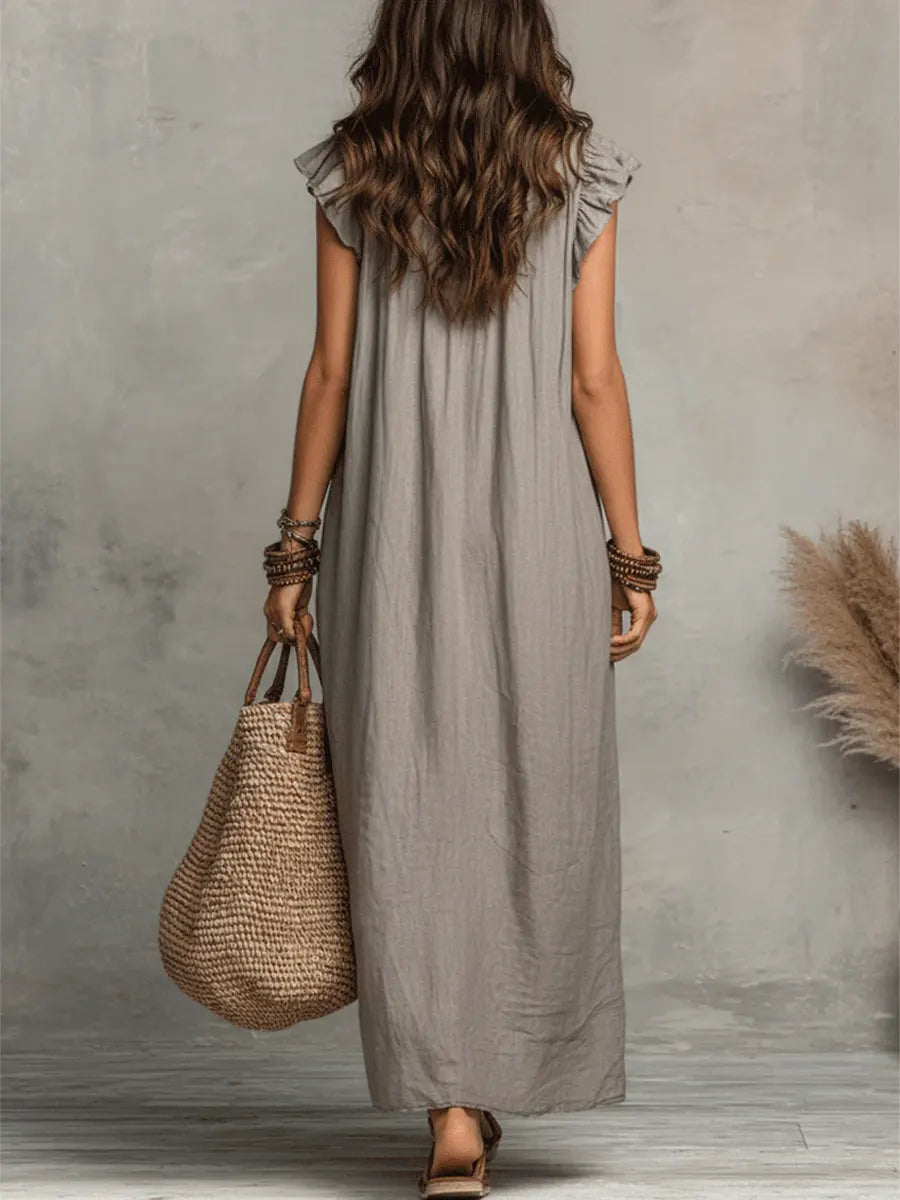 Women's Linen-Look Ruffle Maxi Dress with Lace-Up Neckline