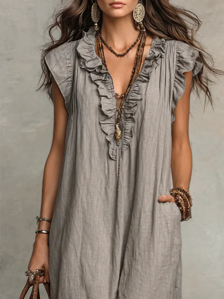 Women's Linen-Look Ruffle Maxi Dress with Lace-Up Neckline